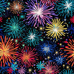 colorful fireworks, bursting fireworks, celebration pattern, festive design, multicolored bursts, rainbow colors, pink fireworks, blue fireworks, yellow fireworks, orange fireworks, purple fireworks, teal fireworks, starbursts, night sky, sparkles, confetti dots,, fabric panel, party theme, fourth of july, new year celebration, bright vibrant colors, radial patterns, explosive design