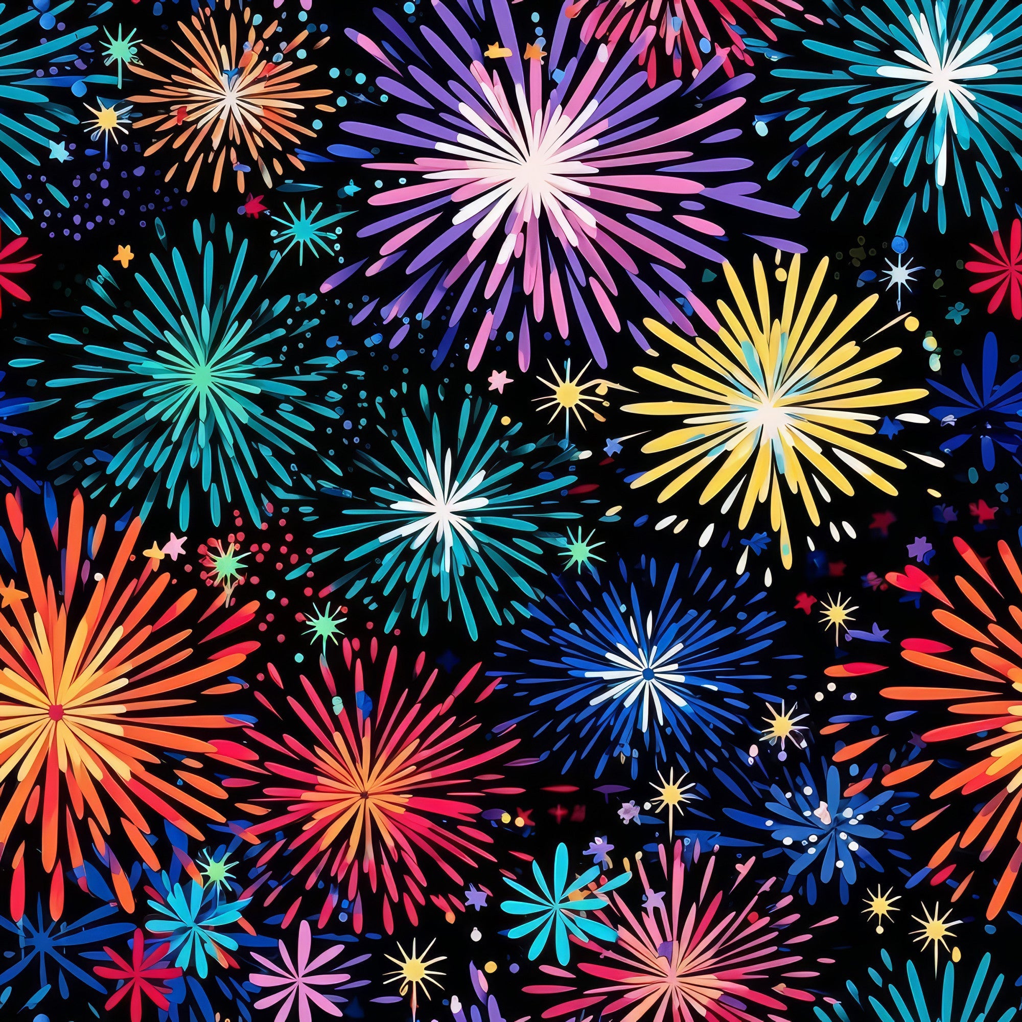 colorful fireworks, bursting fireworks, celebration pattern, festive design, multicolored bursts, rainbow colors, pink fireworks, blue fireworks, yellow fireworks, orange fireworks, purple fireworks, teal fireworks, starbursts, night sky, sparkles, confetti dots,, fabric panel, party theme, fourth of july, new year celebration, bright vibrant colors, radial patterns, explosive design