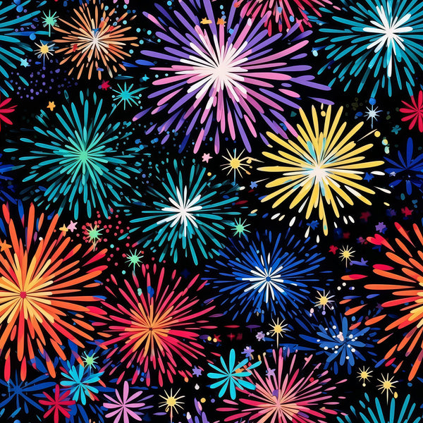 colorful fireworks, bursting fireworks, celebration pattern, festive design, multicolored bursts, rainbow colors, pink fireworks, blue fireworks, yellow fireworks, orange fireworks, purple fireworks, teal fireworks, starbursts, night sky, sparkles, confetti dots,, fabric panel, party theme, fourth of july, new year celebration, bright vibrant colors, radial patterns, explosive design