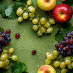 fresh fruits, green grapes, red apples, purple grapes, water droplets, realistic photography, vibrant colors,, fabric panel, green leaves, wet surface, harvest theme, botanical design, fruit clusters, red burgundy, golden yellow, emerald green, nature pattern, food motif, autumn fruits