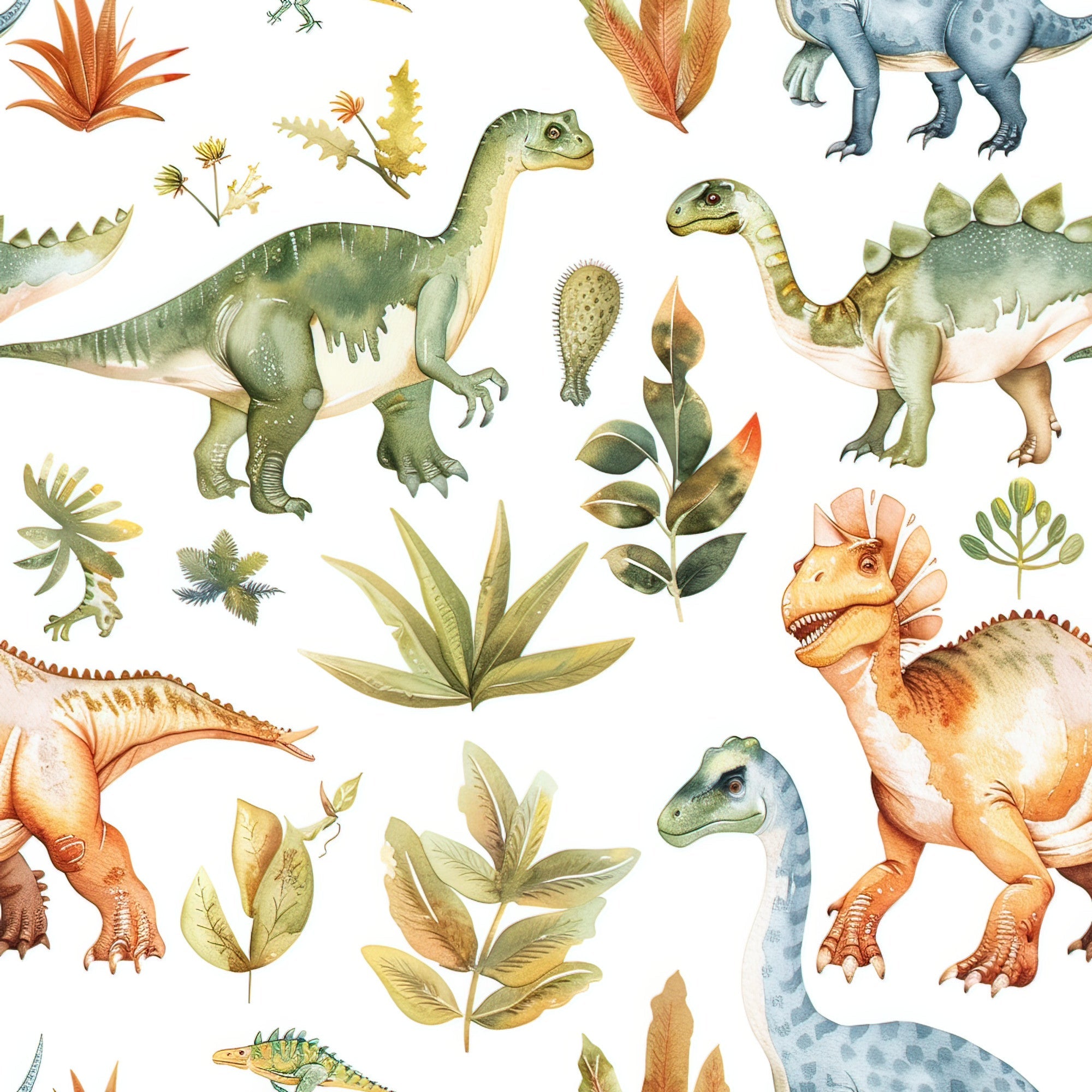 watercolor dinosaurs, prehistoric creatures, green dinosaurs, orange dinosaurs, blue dinosaurs, tropical plants, ferns, leaves, botanical elements,, fabric panel, children's fabric, nursery fabric, educational print, nature theme, paleontology, jurassic pattern, soft pastels, whimsical illustration, reptile designs