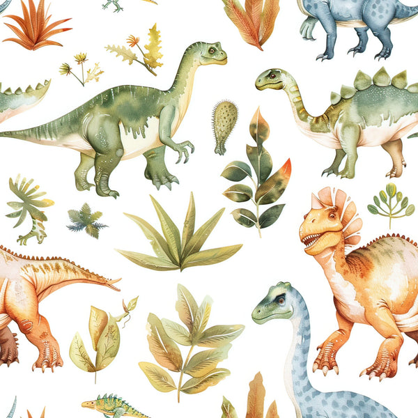 watercolor dinosaurs, prehistoric creatures, green dinosaurs, orange dinosaurs, blue dinosaurs, tropical plants, ferns, leaves, botanical elements,, fabric panel, children's fabric, nursery fabric, educational print, nature theme, paleontology, jurassic pattern, soft pastels, whimsical illustration, reptile designs