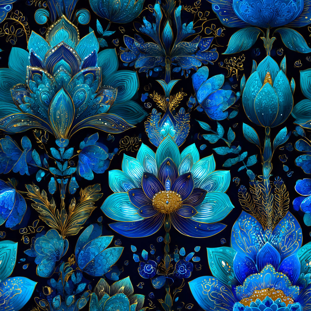 blue, teal, turquoise, navy, gold accents, ornamental flowers, lotus blossoms, decorative petals, intricate details, floral motifs, botanical design, elegant pattern, luxurious style,, fabric panel, seamless repeat, jewel tones, ornate centers, layered petals, sophisticated artwork