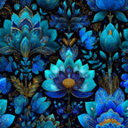 blue, teal, turquoise, navy, gold accents, ornamental flowers, lotus blossoms, decorative petals, intricate details, floral motifs, botanical design, elegant pattern, luxurious style,, fabric panel, seamless repeat, jewel tones, ornate centers, layered petals, sophisticated artwork