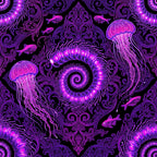 neon purple, magenta, hot pink, black background, jellyfish, spiral, ornamental, baroque, damask, bioluminescent, glowing, cosmic, ocean, sea creatures, fish, nautical, fantasy, whimsical, psychedelic, gothic, elegant, intricate, decorative scrollwork, deep sea, neon glow, vibrant, celestial, mystical, underwater theme, modern gothic