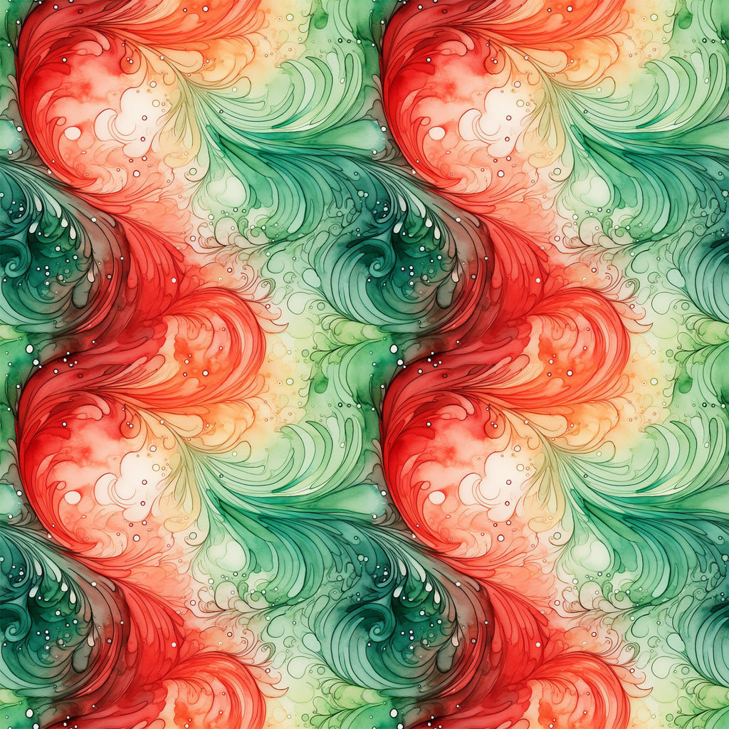 watercolor, christmas swirls, red swirls, green swirls, coral pink, emerald green, flowing patterns, abstract swirls, festive colors, holiday theme,, fabric panel, watercolor style, decorative swirls, seasonal fabric, christmas crafting, swirling motifs, holiday quilting, artistic pattern
