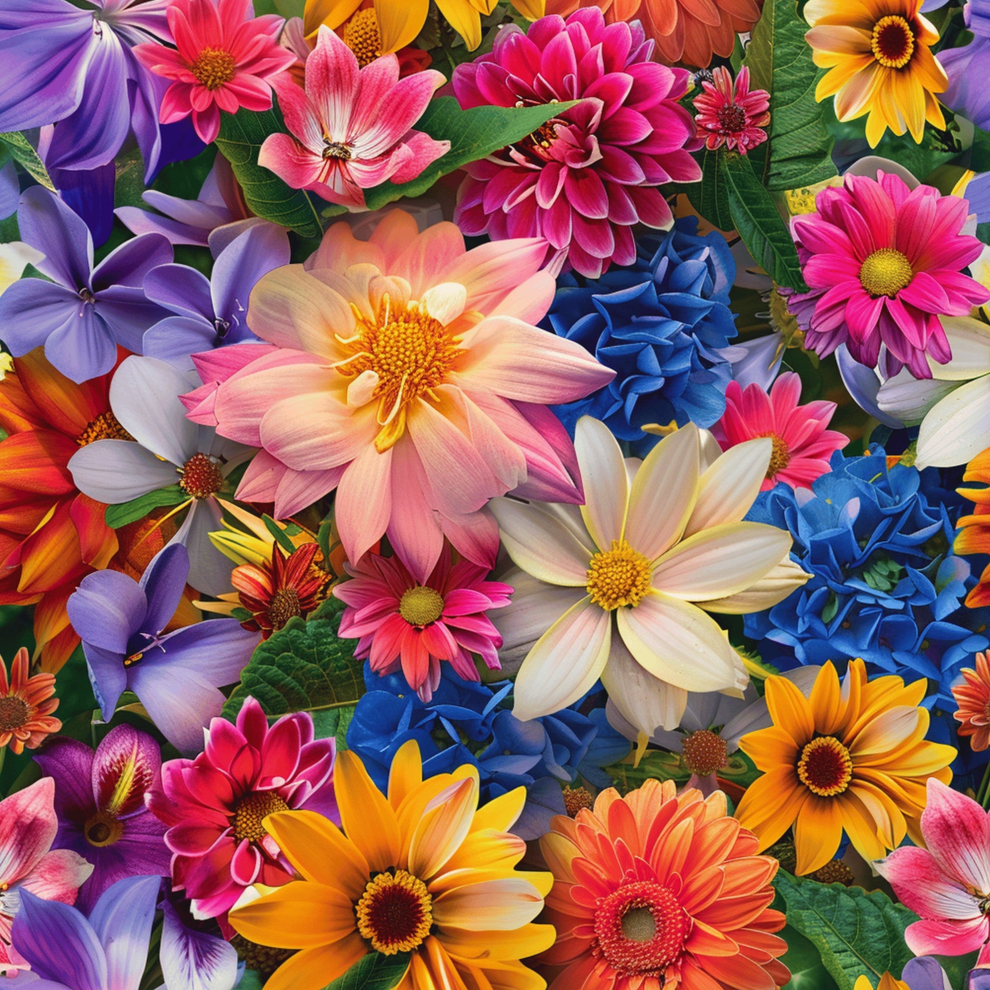 vibrant flowers, realistic blooms, floral pattern, dahlias, cosmos, gerbera daisies, purple petals, pink flowers, orange blossoms, blue hydrangeas, yellow centers, magenta blooms, coral petals, botanical design, dense arrangement,, fabric panel, bright colors, garden flowers, photorealistic style