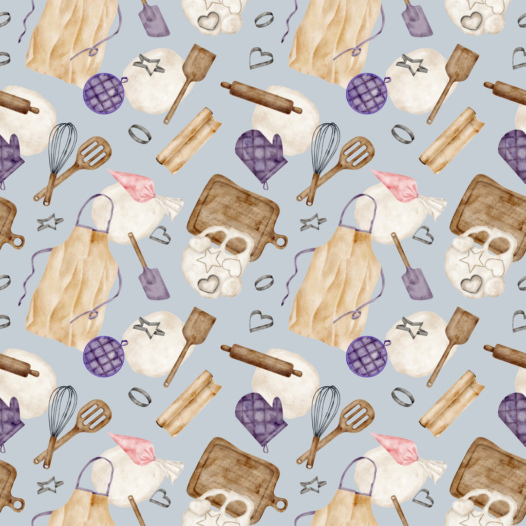watercolor, baking pattern,, fabric panel, kitchen utensils, rolling pins, whisks, oven mitts, cookie cutters, aprons, baking sheets, purple accents, lavender, cream, brown, beige, pink, gray background, cooking theme, culinary motifs, repeating pattern, craft fabric, sewing material