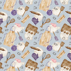 watercolor, baking pattern,, fabric panel, kitchen utensils, rolling pins, whisks, oven mitts, cookie cutters, aprons, baking sheets, purple accents, lavender, cream, brown, beige, pink, gray background, cooking theme, culinary motifs, repeating pattern, craft fabric, sewing material
