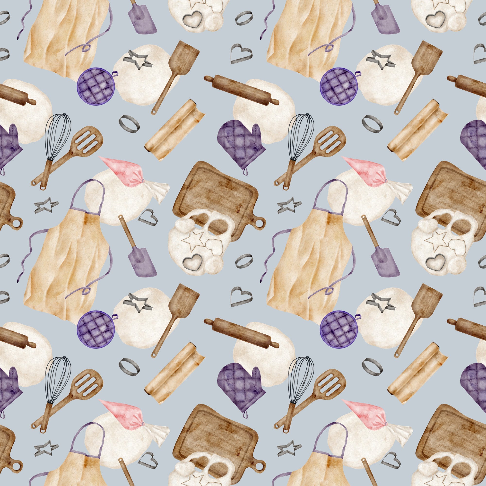 watercolor, baking pattern,, fabric panel, kitchen utensils, rolling pins, whisks, oven mitts, cookie cutters, aprons, baking sheets, purple accents, lavender, cream, brown, beige, pink, gray background, cooking theme, culinary motifs, repeating pattern, craft fabric, sewing material