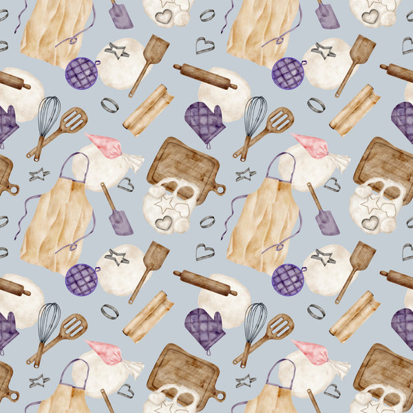 watercolor, baking pattern,, fabric panel, kitchen utensils, rolling pins, whisks, oven mitts, cookie cutters, aprons, baking sheets, purple accents, lavender, cream, brown, beige, pink, gray background, cooking theme, culinary motifs, repeating pattern, craft fabric, sewing material