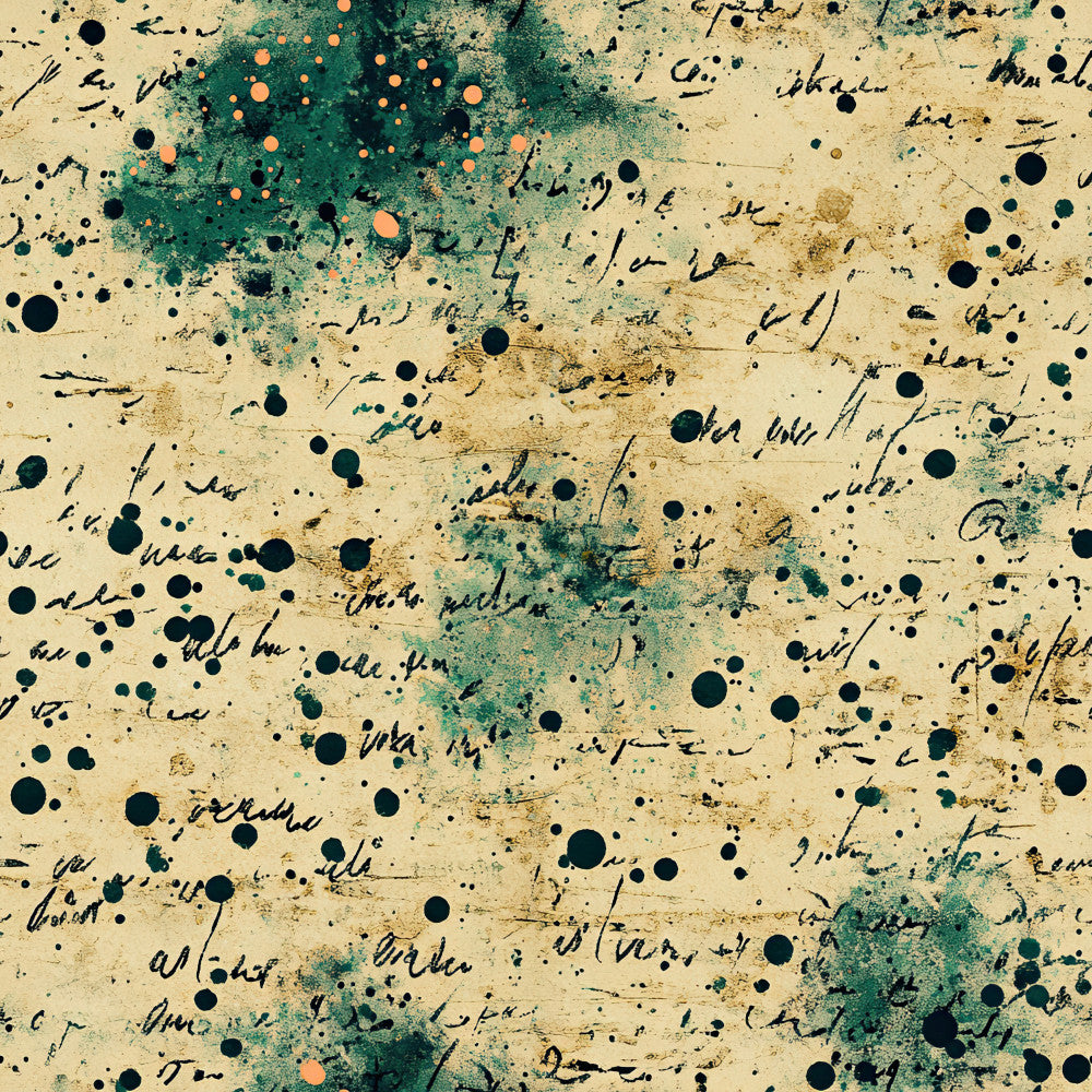 cream, beige, tan, teal, forest green, dark green, navy blue, burnt orange, peach, vintage, distressed, abstract, ink splatter, grunge, handwritten text, literary, artistic, bohemian, rustic, eclectic, modern, dots, circles, mixed media, weathered, antique, steampunk, academic, library, manuscript