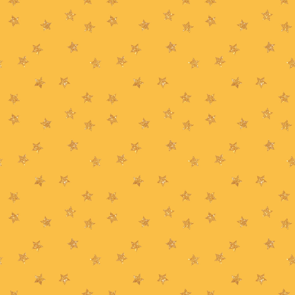 golden yellow, mustard background, glitter stars, metallic stars, star pattern, scattered stars, geometric design, repeating pattern,, fabric panel, celebration theme, sparkly texture, festive pattern, constellation motif, celestial design, crafting fabric, sewing material