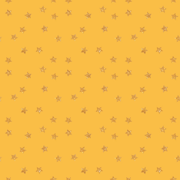 golden yellow, mustard background, glitter stars, metallic stars, star pattern, scattered stars, geometric design, repeating pattern,, fabric panel, celebration theme, sparkly texture, festive pattern, constellation motif, celestial design, crafting fabric, sewing material