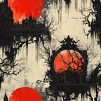 blood moon, gothic architecture, bare trees, ornate mirror, red orange, cream beige, black silhouettes, spooky atmosphere, haunted mansion, dripping effects, weathered texture, horror themed, halloween fabric,, fabric panel, eerie mood, vintage gothic, decrepit building, twisted branches, supernatural scene