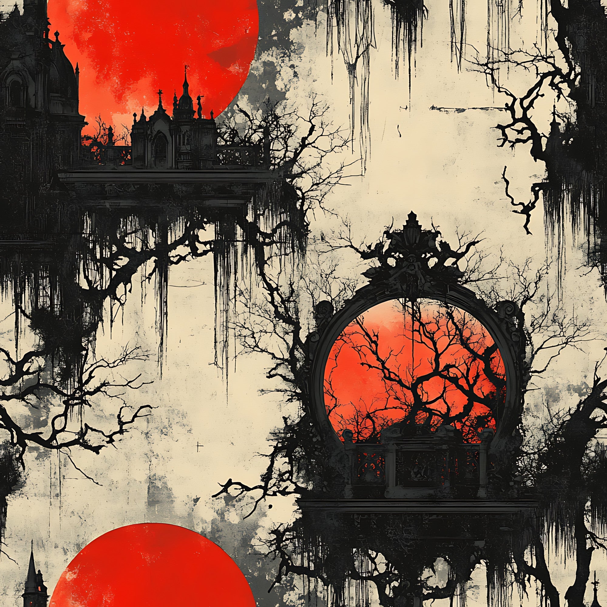blood moon, gothic architecture, bare trees, ornate mirror, red orange, cream beige, black silhouettes, spooky atmosphere, haunted mansion, dripping effects, weathered texture, horror themed, halloween fabric,, fabric panel, eerie mood, vintage gothic, decrepit building, twisted branches, supernatural scene