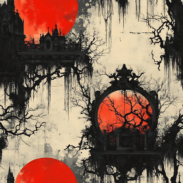 blood moon, gothic architecture, bare trees, ornate mirror, red orange, cream beige, black silhouettes, spooky atmosphere, haunted mansion, dripping effects, weathered texture, horror themed, halloween fabric,, fabric panel, eerie mood, vintage gothic, decrepit building, twisted branches, supernatural scene