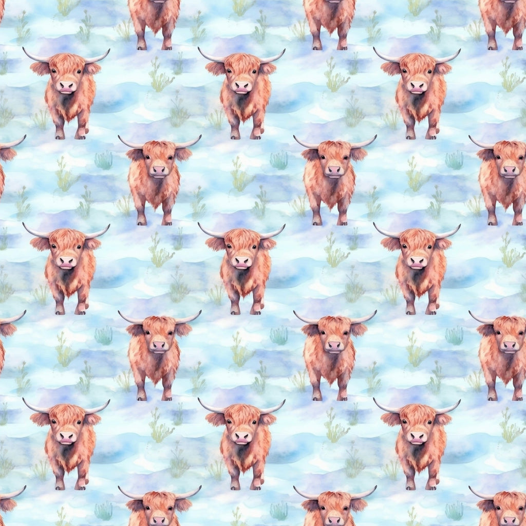 highland cows, orange fur, rusty brown, sky blue, watercolor style, repeating pattern, cattle, horns, pastoral scene, grass tufts, cloudy background, farm animals, countryside,, fabric panel, whimsical art, scottish cattle, bovine, soft colors, nature pattern