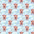 highland cows, orange fur, rusty brown, sky blue, watercolor style, repeating pattern, cattle, horns, pastoral scene, grass tufts, cloudy background, farm animals, countryside,, fabric panel, whimsical art, scottish cattle, bovine, soft colors, nature pattern