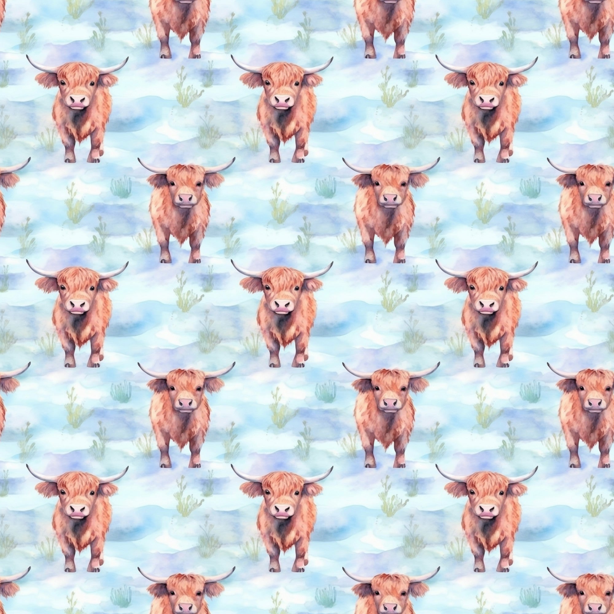 highland cows, orange fur, rusty brown, sky blue, watercolor style, repeating pattern, cattle, horns, pastoral scene, grass tufts, cloudy background, farm animals, countryside,, fabric panel, whimsical art, scottish cattle, bovine, soft colors, nature pattern