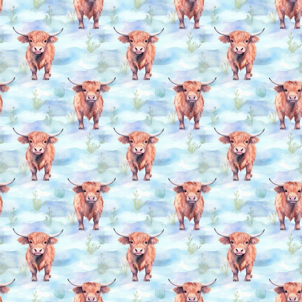 highland cows, orange fur, rusty brown, sky blue, watercolor style, repeating pattern, cattle, horns, pastoral scene, grass tufts, cloudy background, farm animals, countryside,, fabric panel, whimsical art, scottish cattle, bovine, soft colors, nature pattern