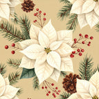 cream white poinsettia, ivory poinsettia, evergreen branches, pine needles, red berries, pinecones, holiday floral, christmas botanical, festive, elegant, traditional, nature, botanical illustration, winter greenery, metallic gold accents, cream background, warm neutral, seasonal, christmas decor, vintage holiday, watercolor style, decorative florals, holiday celebration, timeless, sophisticated, natural elements, botanical print