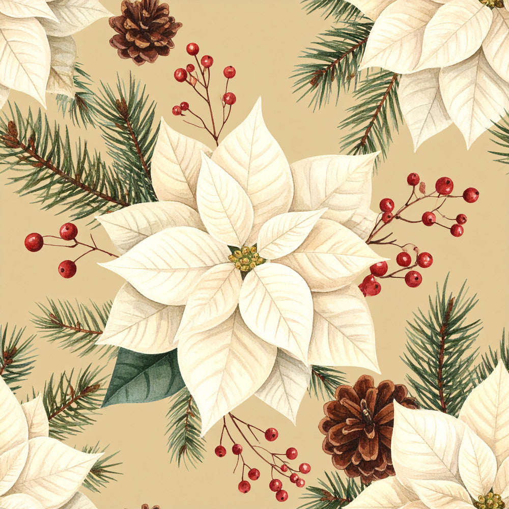 cream white poinsettia, ivory poinsettia, evergreen branches, pine needles, red berries, pinecones, holiday floral, christmas botanical, festive, elegant, traditional, nature, botanical illustration, winter greenery, metallic gold accents, cream background, warm neutral, seasonal, christmas decor, vintage holiday, watercolor style, decorative florals, holiday celebration, timeless, sophisticated, natural elements, botanical print