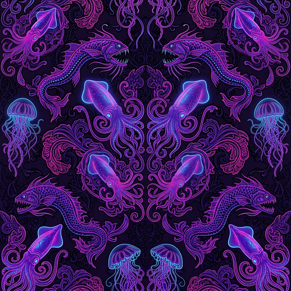 neon purple, electric magenta, cyan blue, deep indigo, neon pink, glowing colors, sea creatures, ocean life, squid, jellyfish, fish, nautical, underwater, marine, bioluminescent, neon glow, glow in the dark, psychedelic, abstract, ornate, baroque, decorative scrolls, damask, celestial, mystical, dark academia, gothic, modern, whimsical, surreal