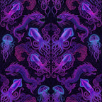 neon purple, electric magenta, cyan blue, deep indigo, neon pink, glowing colors, sea creatures, ocean life, squid, jellyfish, fish, nautical, underwater, marine, bioluminescent, neon glow, glow in the dark, psychedelic, abstract, ornate, baroque, decorative scrolls, damask, celestial, mystical, dark academia, gothic, modern, whimsical, surreal
