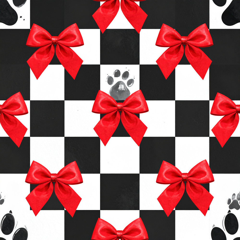 red bows, black and white checkered, festive, holiday, christmas, paw prints, puppy, dog themed, elegant, whimsical, pet lover, red ribbon, checkered pattern, geometric, classic, traditional, seasonal, gift wrap style, black, white, bright red, celebration, decorative bows, animal prints, playroom, kids room, pet themed nursery, festive decor