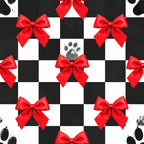 red bows, black and white checkered, festive, holiday, christmas, paw prints, puppy, dog themed, elegant, whimsical, pet lover, red ribbon, checkered pattern, geometric, classic, traditional, seasonal, gift wrap style, black, white, bright red, celebration, decorative bows, animal prints, playroom, kids room, pet themed nursery, festive decor