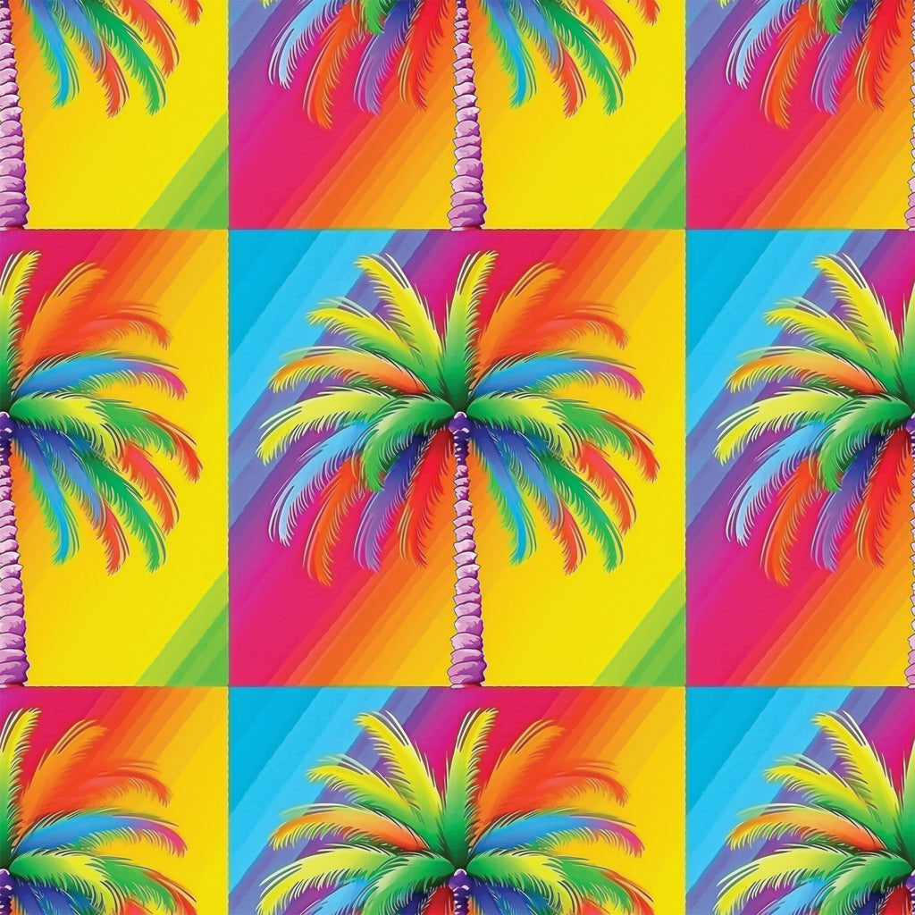 vibrant colors, rainbow palm trees, tropical pattern, neon bright, electric colors, pop art style, psychedelic design, gradient backgrounds,, fabric panel, summer tropical, retro vibes, colorful fronds, geometric blocks, repetitive motif, fluorescent hues, paradise theme, contemporary art, crafting material