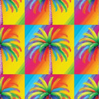 vibrant colors, rainbow palm trees, tropical pattern, neon bright, electric colors, pop art style, psychedelic design, gradient backgrounds,, fabric panel, summer tropical, retro vibes, colorful fronds, geometric blocks, repetitive motif, fluorescent hues, paradise theme, contemporary art, crafting material