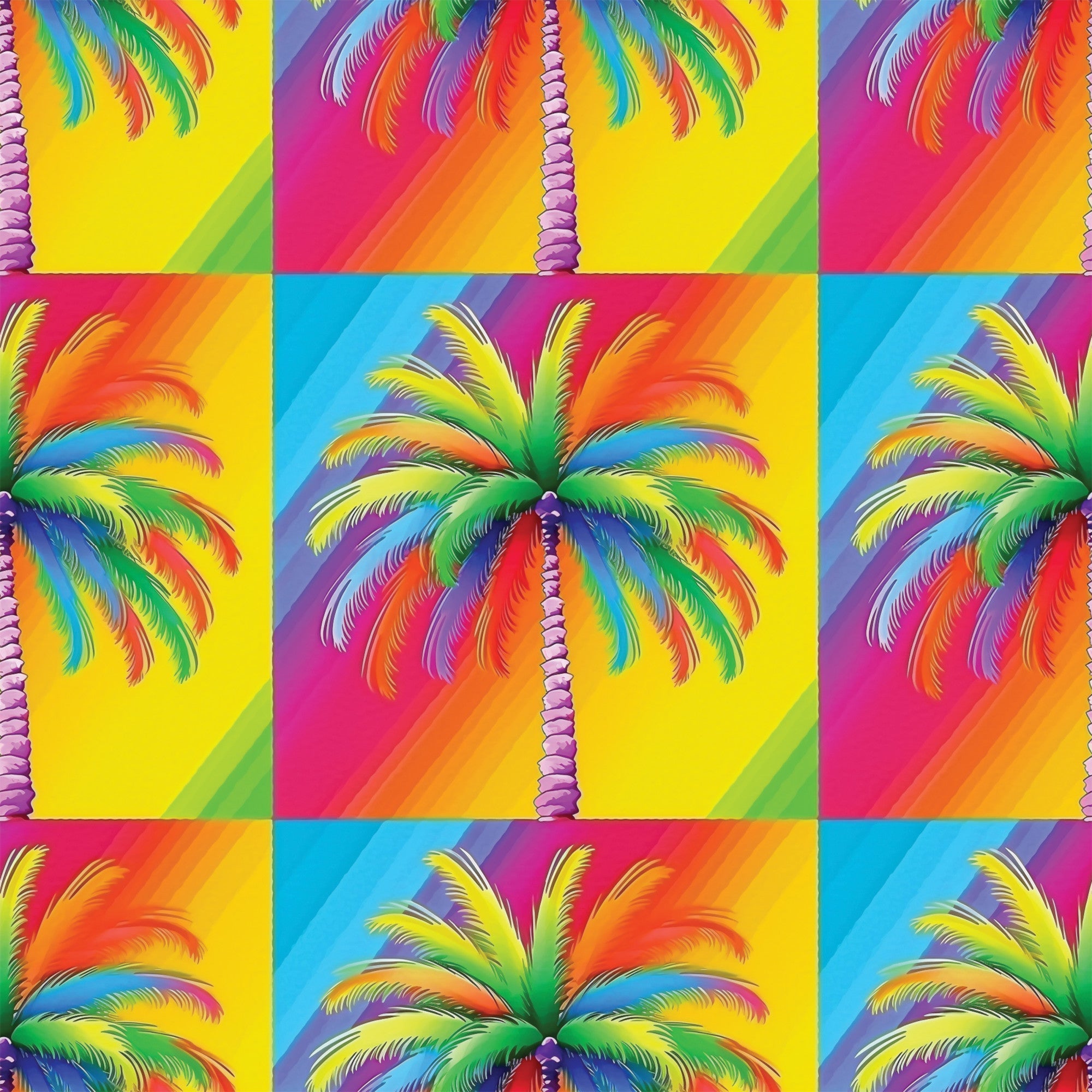 vibrant colors, rainbow palm trees, tropical pattern, neon bright, electric colors, pop art style, psychedelic design, gradient backgrounds,, fabric panel, summer tropical, retro vibes, colorful fronds, geometric blocks, repetitive motif, fluorescent hues, paradise theme, contemporary art, crafting material