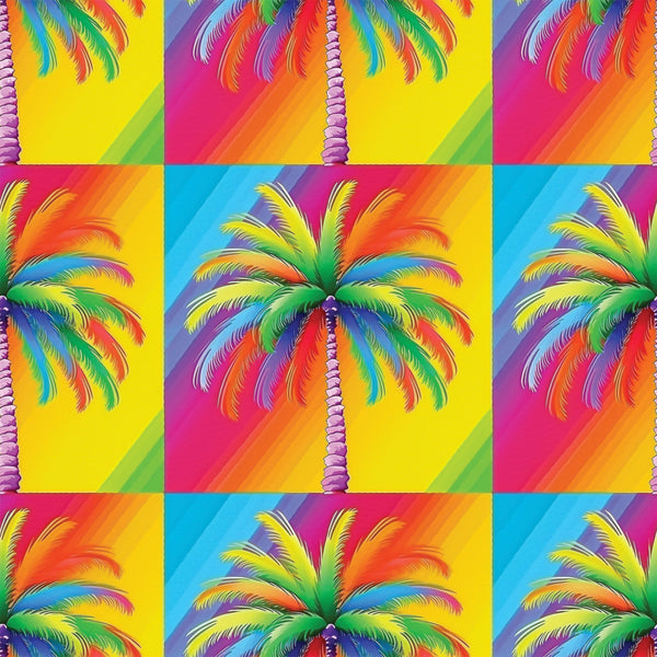 vibrant colors, rainbow palm trees, tropical pattern, neon bright, electric colors, pop art style, psychedelic design, gradient backgrounds,, fabric panel, summer tropical, retro vibes, colorful fronds, geometric blocks, repetitive motif, fluorescent hues, paradise theme, contemporary art, crafting material