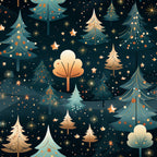 christmas trees, winter forest, dark navy background, teal green, golden yellow, cream white, copper orange, starbursts, geometric patterns,, fabric panel, holiday themed, evergreen trees, celestial stars, modern illustration, festive design, winter wonderland, decorative ornaments, scattered dots, stylized trees