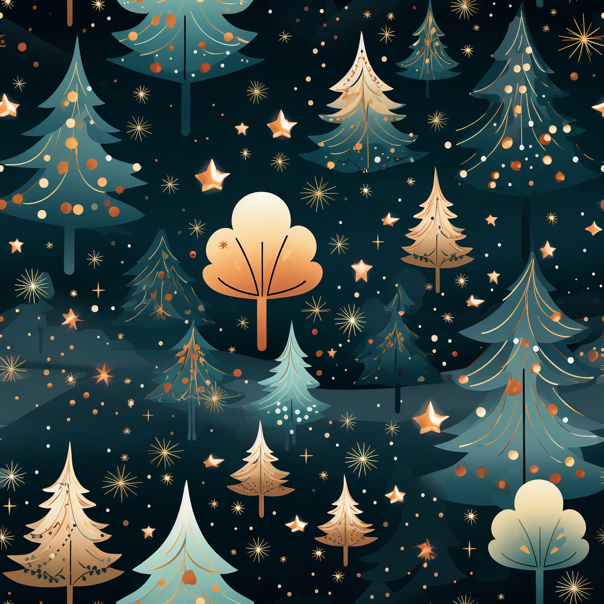 christmas trees, winter forest, dark navy background, teal green, golden yellow, cream white, copper orange, starbursts, geometric patterns,, fabric panel, holiday themed, evergreen trees, celestial stars, modern illustration, festive design, winter wonderland, decorative ornaments, scattered dots, stylized trees