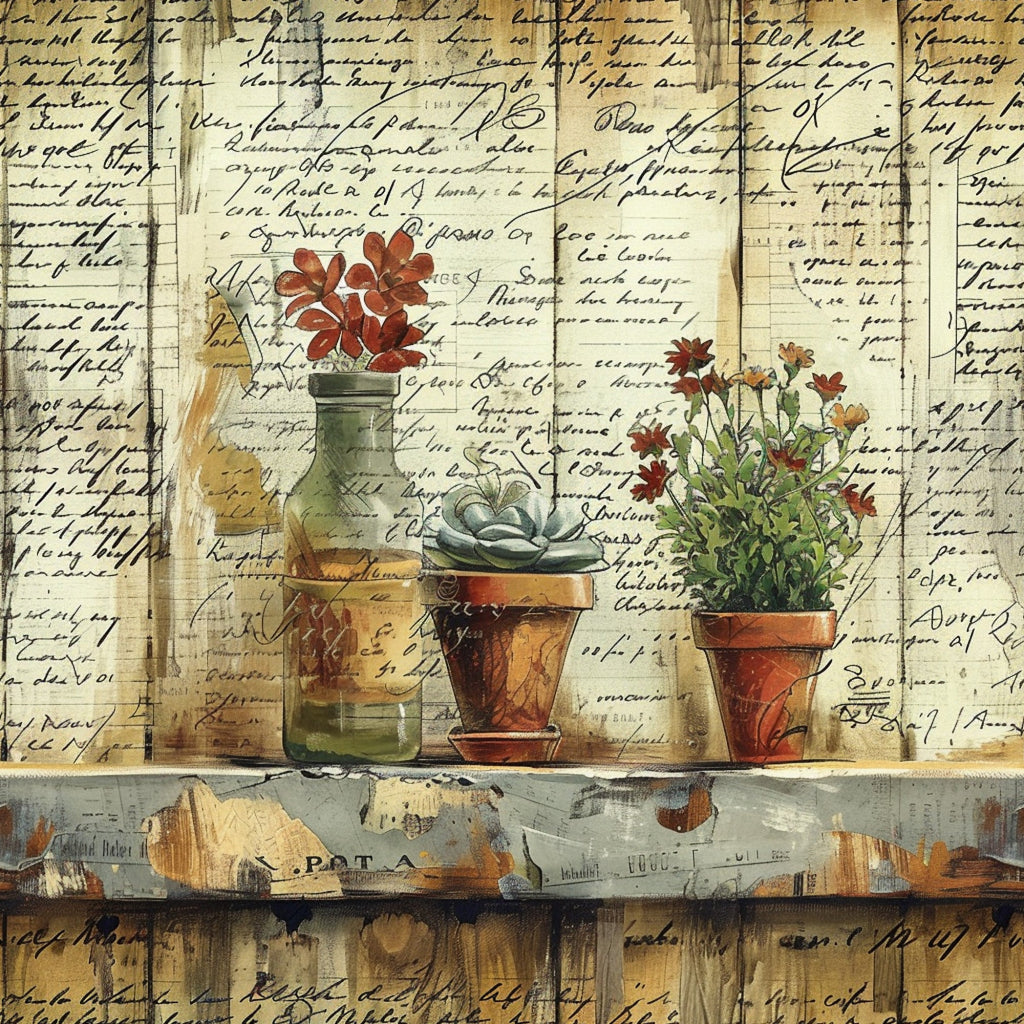 terracotta, sage green, burnt orange, cream, vintage botanicals, potted plants, geraniums, wildflowers, clay pots, glass jars, wooden shelf, handwritten script, watercolor style, rustic farmhouse, garden theme,, fabric panel, earthy tones, botanical illustration, country living