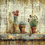 terracotta, sage green, burnt orange, cream, vintage botanicals, potted plants, geraniums, wildflowers, clay pots, glass jars, wooden shelf, handwritten script, watercolor style, rustic farmhouse, garden theme,, fabric panel, earthy tones, botanical illustration, country living