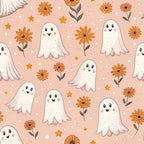 peach background, white ghosts, orange flowers, cute ghosts, daisy flowers, star shapes, retro style, whimsical design, halloween theme,, fabric panel, kawaii ghosts, botanical elements, autumn colors, scattered pattern, friendly ghosts, floral motifs, spooky cute, coral pink, vintage inspired