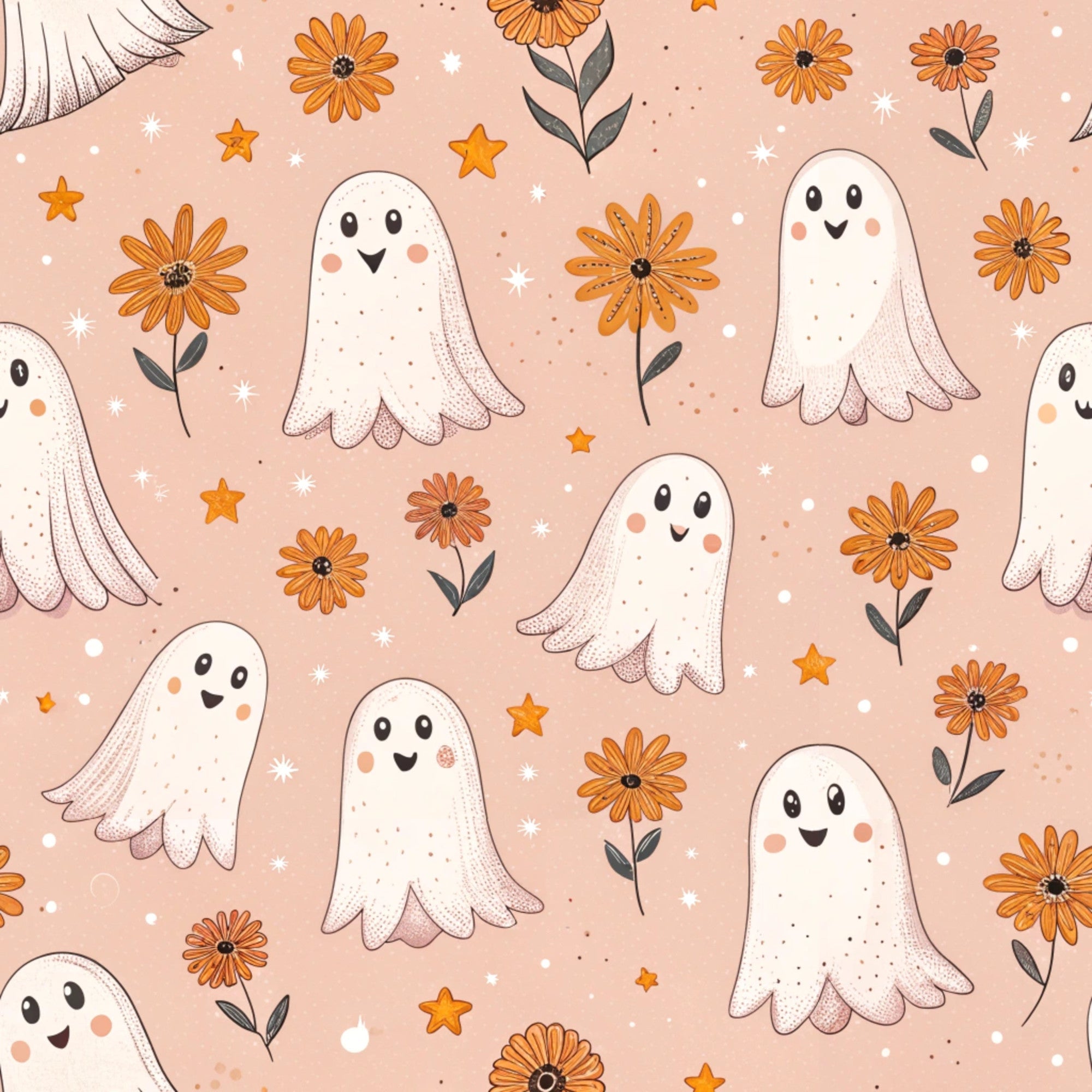 peach background, white ghosts, orange flowers, cute ghosts, daisy flowers, star shapes, retro style, whimsical design, halloween theme,, fabric panel, kawaii ghosts, botanical elements, autumn colors, scattered pattern, friendly ghosts, floral motifs, spooky cute, coral pink, vintage inspired