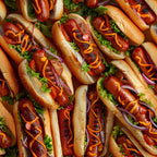hot dogs, grilled sausages, food pattern, orange cheese, green lettuce, purple onions, golden buns, realistic food, junk food, fast food, barbecue theme, appetizing design,, fabric panel, summer picnic, grill marks, condiments, sandwich pattern, food illustration, savory treats