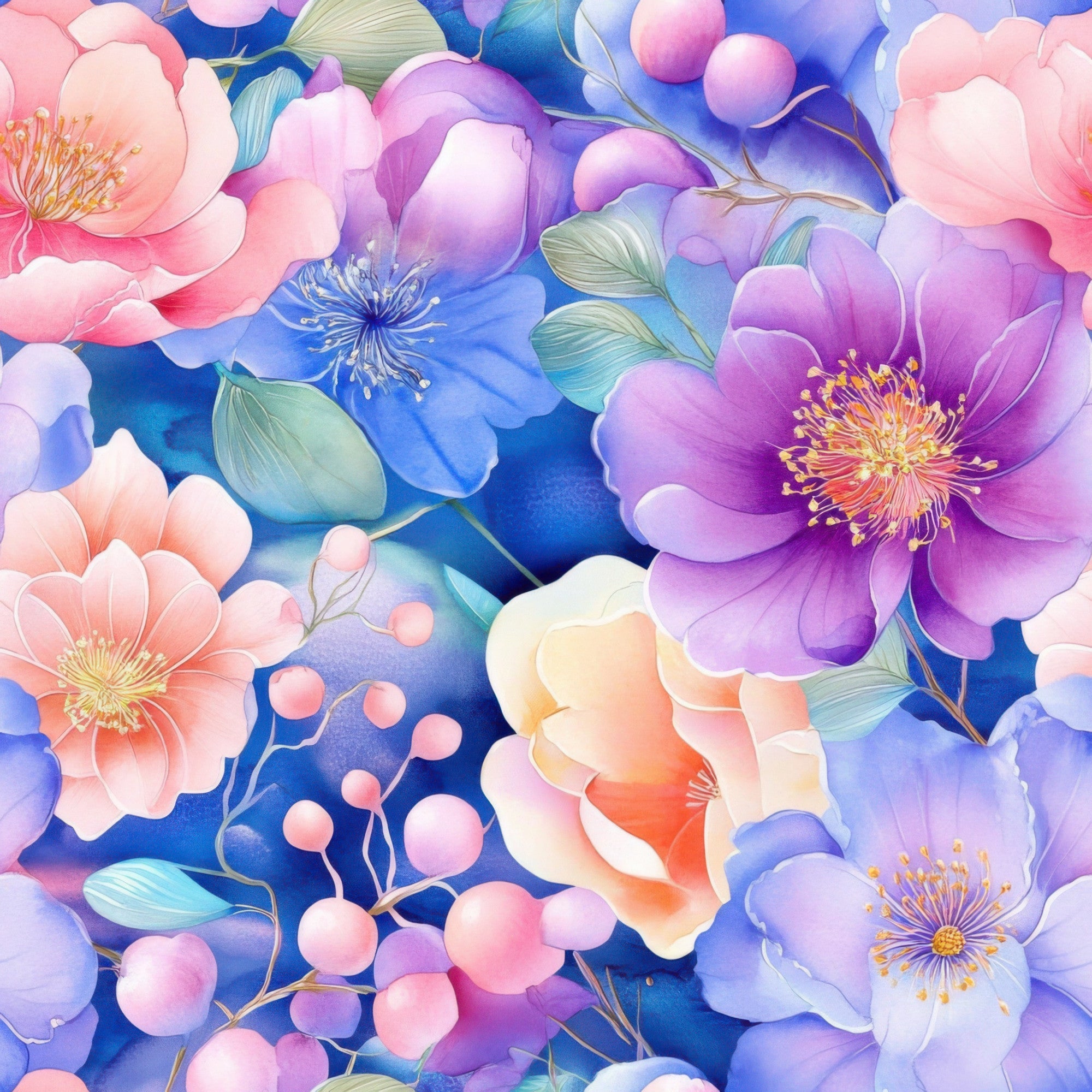 watercolor florals, purple flowers, pink blossoms, blue blooms, coral petals, lavender hues, peach tones, botanical design, large scale flowers, delicate berries, flowing leaves, soft pastels, dreamy aesthetic, spring garden,, fabric panel, seamless pattern, romantic florals, ethereal style, artistic blooms