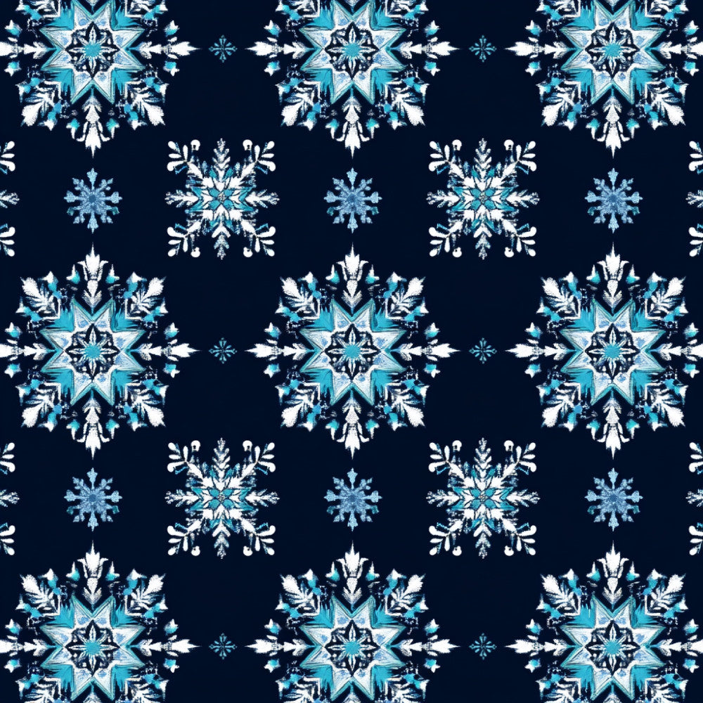 navy blue, turquoise, cyan, white, icy blue, snowflake, geometric, winter, holiday, christmas, frozen, crystalline, symmetrical, elegant, modern, sparkle, icicle, frost, celestial, decorative, ornamental, six-pointed star, intricate, delicate, festive, seasonal, cool tones, jewel tones, nursery, kids room