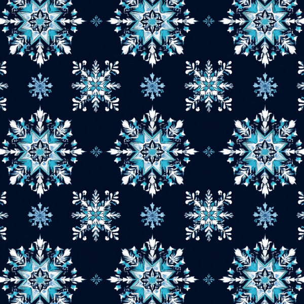 navy blue, turquoise, cyan, white, icy blue, snowflake, geometric, winter, holiday, christmas, frozen, crystalline, symmetrical, elegant, modern, sparkle, icicle, frost, celestial, decorative, ornamental, six-pointed star, intricate, delicate, festive, seasonal, cool tones, jewel tones, nursery, kids room