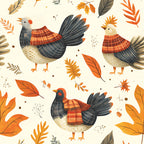 autumn birds, fall leaves, turkeys, chickens, hens, cream background, orange plaid, rust red, dark navy, golden yellow, tan, farmhouse, rustic, whimsical, woodland, nature theme, harvest season, thanksgiving, fall foliage, feathered birds, plaid pattern, leaf motifs, children's design, playroom, nursery, kids room, country style, illustrative art, cozy autumn, seasonal decor