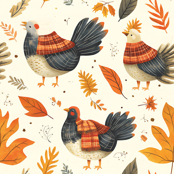 autumn birds, fall leaves, turkeys, chickens, hens, cream background, orange plaid, rust red, dark navy, golden yellow, tan, farmhouse, rustic, whimsical, woodland, nature theme, harvest season, thanksgiving, fall foliage, feathered birds, plaid pattern, leaf motifs, children's design, playroom, nursery, kids room, country style, illustrative art, cozy autumn, seasonal decor