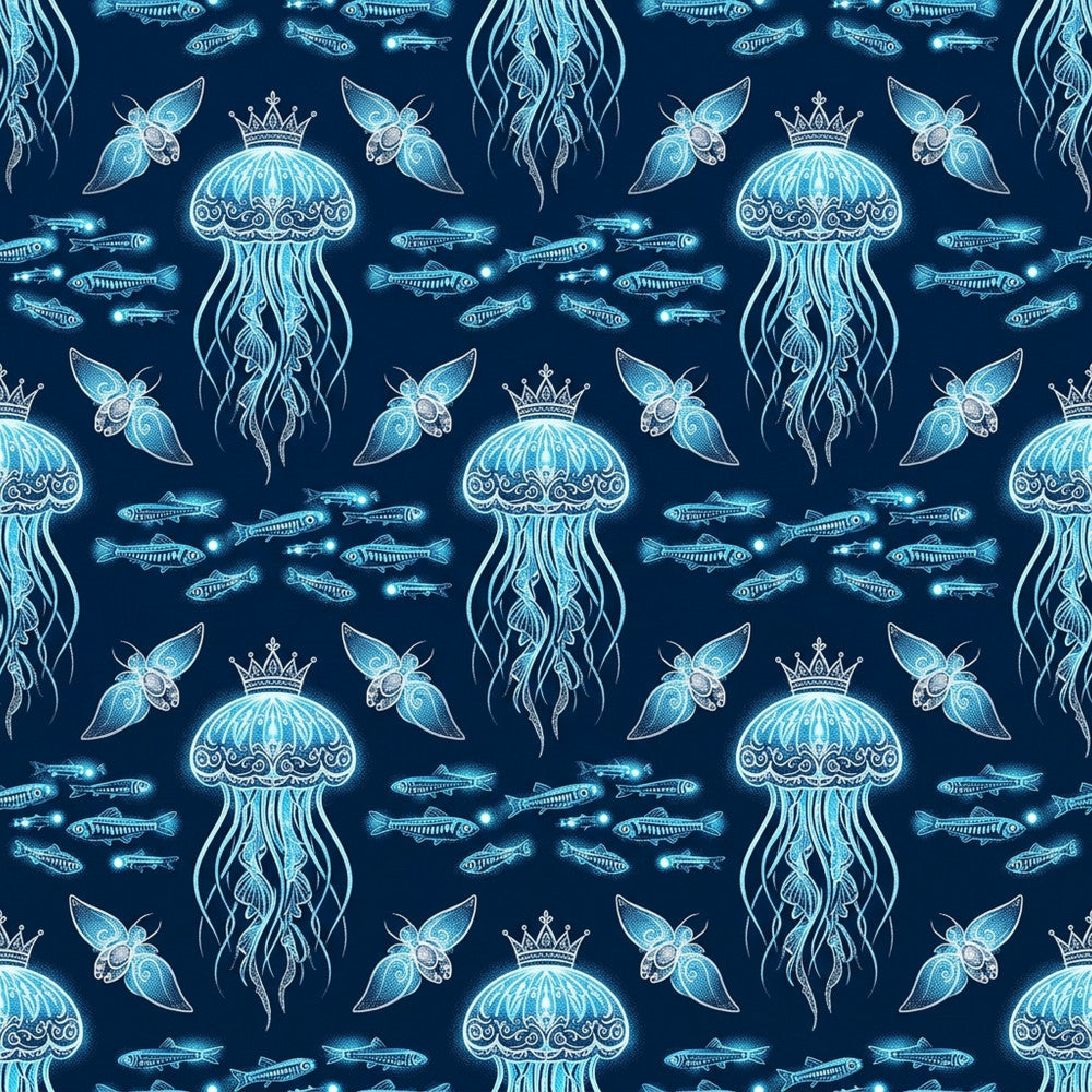 navy blue, cyan blue, turquoise, bioluminescent, glowing, jellyfish, fish, sea creatures, ocean, underwater, nautical, marine life, celestial, fantasy, whimsical, elegant, magical, crowns, ornate, decorative, luminescent details, deep sea, aquatic, nature-inspired, children's, nursery, playroom, kids room, adventure theme