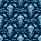 navy blue, cyan blue, turquoise, bioluminescent, glowing, jellyfish, fish, sea creatures, ocean, underwater, nautical, marine life, celestial, fantasy, whimsical, elegant, magical, crowns, ornate, decorative, luminescent details, deep sea, aquatic, nature-inspired, children's, nursery, playroom, kids room, adventure theme
