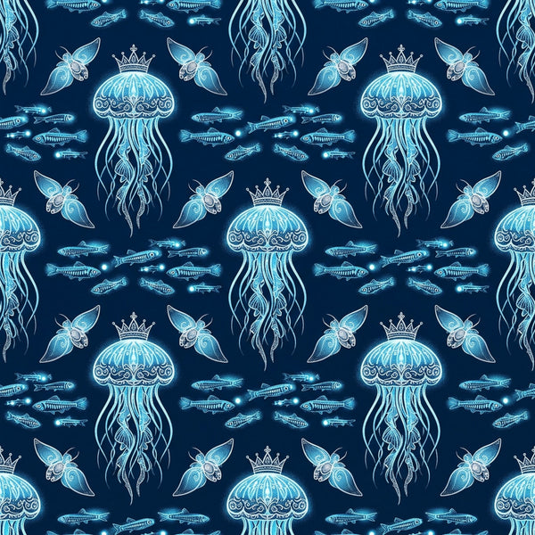 navy blue, cyan blue, turquoise, bioluminescent, glowing, jellyfish, fish, sea creatures, ocean, underwater, nautical, marine life, celestial, fantasy, whimsical, elegant, magical, crowns, ornate, decorative, luminescent details, deep sea, aquatic, nature-inspired, children's, nursery, playroom, kids room, adventure theme